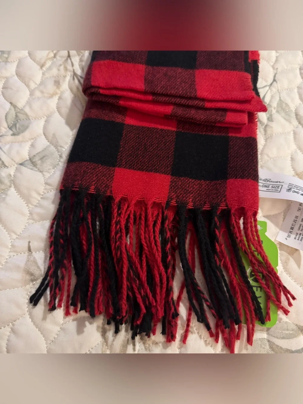 Eddie Bauer Red & Black Buffalo Plaid Fringed ScarfNew With Tags (NWT)